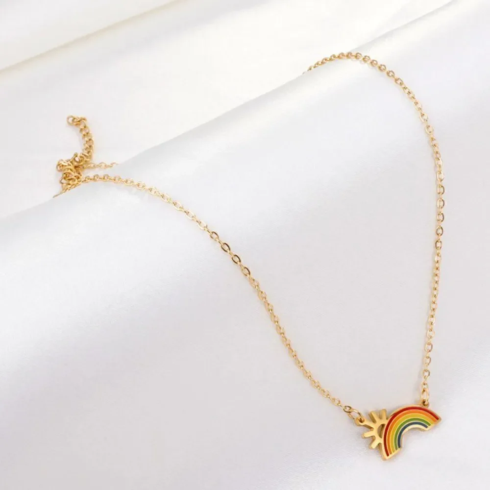 Rainbow Sunshine Pendant Chain Necklace in Gold